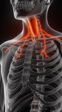 Human skeleton with glowing red nerves in the neck and spine