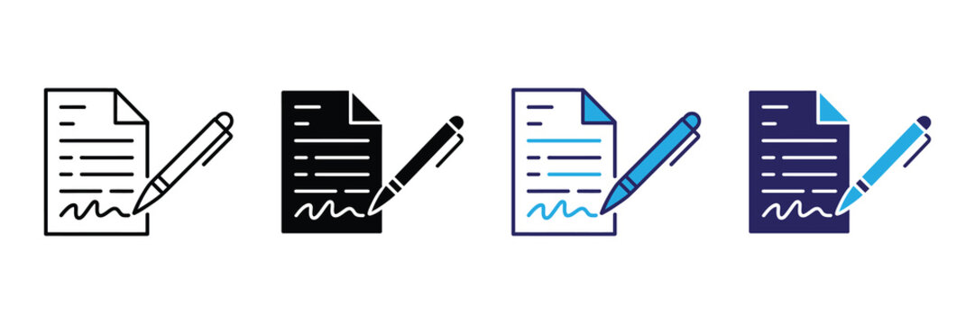 Signing document icon set vector, represents agreement, contract, legal paper, signature, and writing, in line, solid, and colored styles on white.