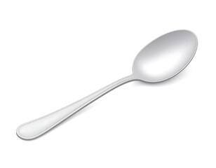 A close-up, high-angle view showcases a polished, shiny silverware object, with its elongated handle on a white surface