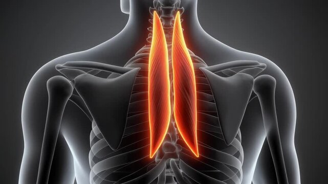 Human spine muscles highlighted in a 3D anatomical animation