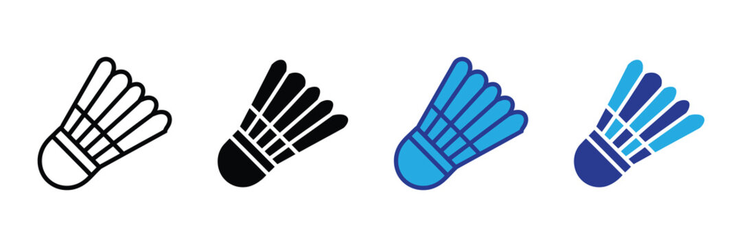 Collection of four isolated shuttlecock icons in outline, solid black, light blue, and dark blue for badminton gameplay and sports