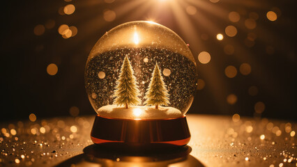 Beautiful snow globe featuring two evergreen trees, surrounded by sparkling snowflakes, creating magical winter scene