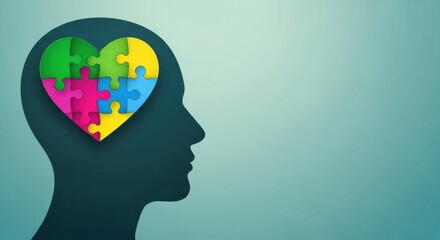 Colorful puzzle heart inside silhouette of head