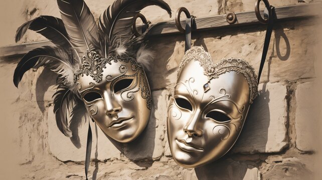 Detailed charcoal drawing showcasing two ornate golden venetian masquerade masks - Powered by Adobe