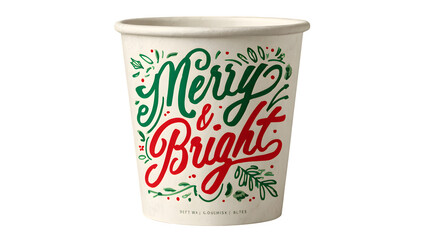 Biodegradable paper cup with festive "Merry & Bright" script in green and red, isolated on white background