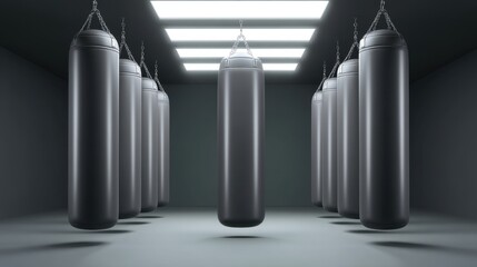 Empty Modern Gym Interior Featuring Heavy Punching Bags Suspended from Ceiling in a Bright, Spacious Workout Area with Minimalistic Design