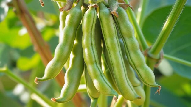Green fava beans. Broad beans on plant. Fresh fava bean pods. Close-up of green fava beans. Legume vegetable. Healthy food. Green leaves background. Natural produce. Freshness concept.