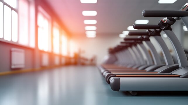 Modern gym interior featuring rows of well-maintained treadmills in an open space with bright natural light illuminating the fitness area - Powered by Adobe