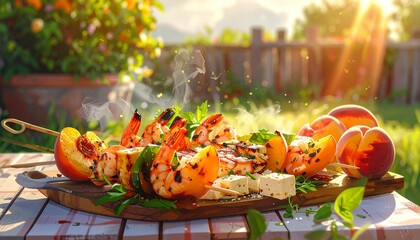 Grilled Halloumi and Vegetable Skewers on Plate with Fire Pit and Lush Backyard in Sunlight
