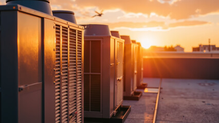 Cooling units on rooftop during sunset, showcasing modern architecture and technology. warm glow of sun enhances industrial aesthetic