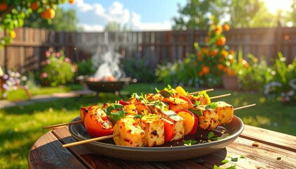 Grilled Halloumi and Vegetable Skewers on Plate with Fire Pit and Lush Backyard in Sunlight