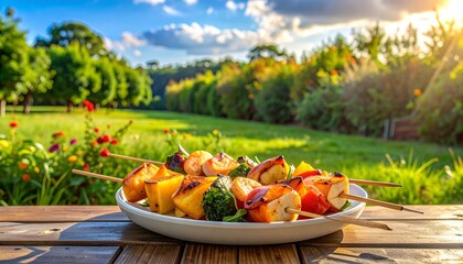 Grilled Halloumi and Vegetable Skewers on Plate with Fire Pit and Lush Backyard in Sunlight