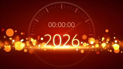 Abstract Digital Vector Graphic of a Countdown Clock and Glowing 2026 Numbers on a Dark Red Bokeh Background.