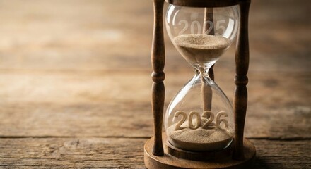 Vintage Wooden Hourglass With 2025 And 2026 Sand Countdown On Textured Rustic Table
