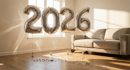Silver 2026 Number Balloons Floating Above Sofa In Sunlit Room With Confetti