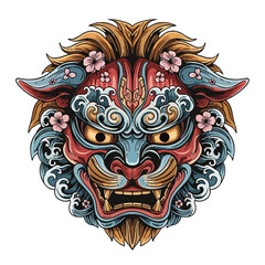 Traditional Japanese Guardian Lion (Foo Dog) head vector illustration with cherry blossoms