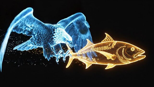 Holographic African Fish Eagle Animation &ndash; Realistic Natural Flight with Clean Black Background, High Detail Futuristic Amberjack Render