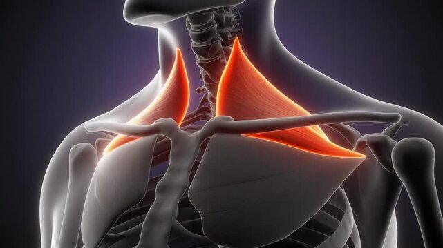 Human Trapezius Muscle Anatomy Highlighted on Skeleton