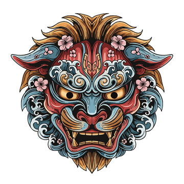 Traditional Japanese Guardian Lion (Foo Dog) head vector illustration with cherry blossoms