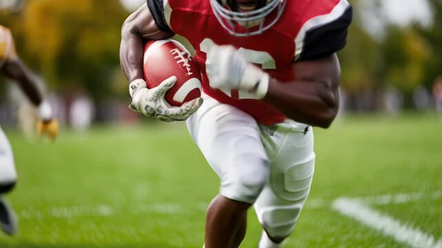 american football players at stadium at play action