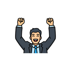 Successful Businessman Celebrating Achievement with Raised Fists in Joy.