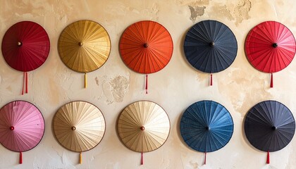 Colorful Vietnamese Conical Hats Arranged in Artistic Pattern on Beige Background