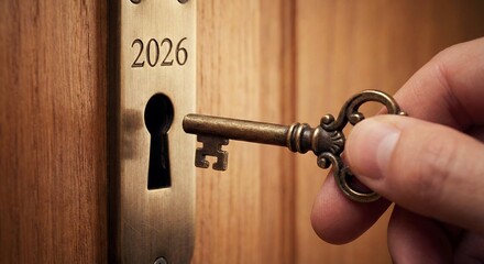 Hand Inserting Ornate Brass Key Into Wooden Door Keyhole With 2026 Engraved