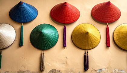 Colorful Vietnamese Conical Hats Arranged in Artistic Pattern on Beige Background