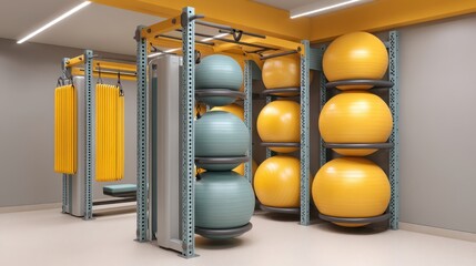 Modern fitness studio interior featuring vibrant exercise equipment, stability balls, and organized storage for an energetic workout environment
