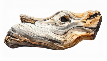 Textured Driftwood with Twisted Form and Natural Color Variations on Neutral Background