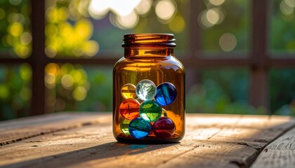 Brown Glass Jar with Colorful Marbles on Wooden Surface Illuminated by Sunlight
