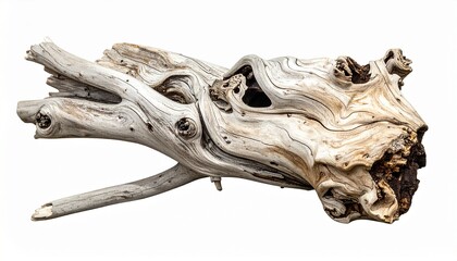Textured Driftwood with Twisted Form and Natural Color Variations on Neutral Background