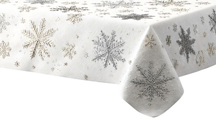 Cotton tablecloth with hand-stitched snowflakes in varying sizes, isolated on white background