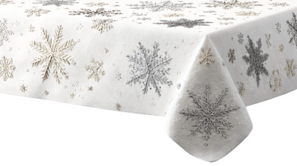 Cotton tablecloth with hand-stitched snowflakes in varying sizes, isolated on white background