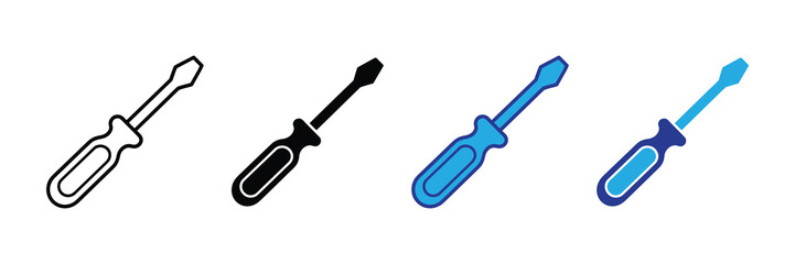 A collection of four isolated screwdriver icons in various styles: outline, solid black, blue, and two-tone blue, representing tools for repair and diy projects.