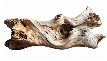 Textured Driftwood with Twisted Form and Natural Color Variations on Neutral Background
