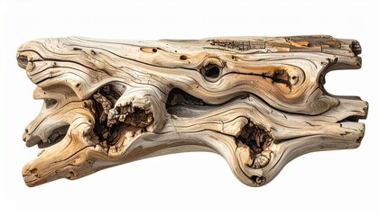 Textured Driftwood with Twisted Form and Natural Color Variations on Neutral Background