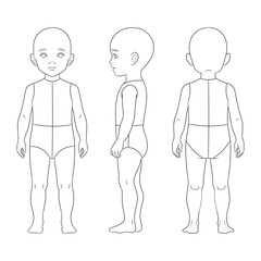 A clean vector line-art child body template showing front, side, and back views. Ideal for children&rsquo;s clothing design, pattern drafting, fashion sketches, and product illustrations.