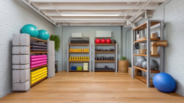 Bright and Spacious Fitness Room with Exercise Equipment Featuring Yoga Mats, Weights, and Stability Balls in a Modern Interior Design Style
