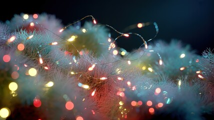 Colorful fairy lights twinkle amongst textured tinsel on a dark background creating a festive glow