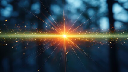 Brilliant golden light streaks shine through dark forest trees with specks of sparkling gold