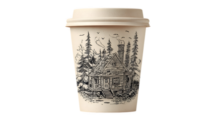 Eco-paper cup with soy-based ink illustration of cozy cabin scene, isolated on white background