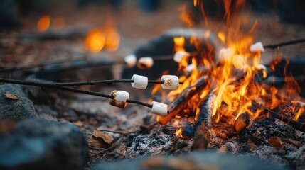 Families and friends gather by a crackling campfire in the woods roasting marshmallows on sticks while enjoying the warm glow and autumn atmosphere.