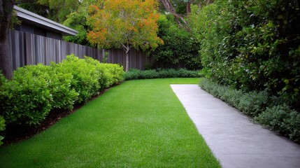 Lush Green Garden Pathway Surrounded by Vibrant Shrubs and Trees on a Sunny Day, Perfect for Outdoor Relaxation and Scenic Landscapes