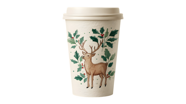 Eco-friendly paper Christmas cup with reindeer illustration and green holly accents, isolated on white background - Powered by Adobe