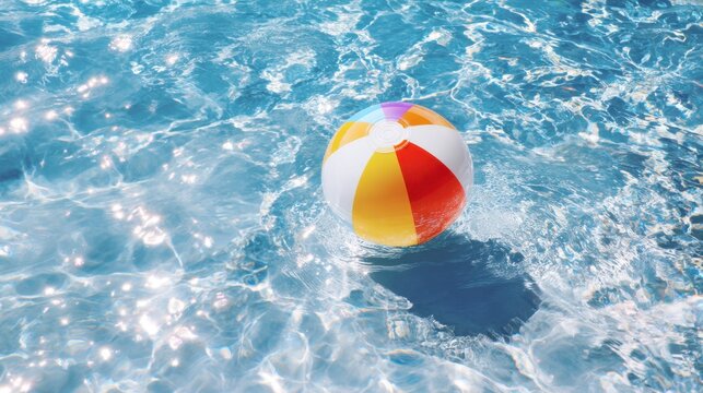 A vibrant beach ball drifts gently in the clear blue water of a pool reflecting sunlight. The scene is inviting and perfect for summer fun and relaxation. - Powered by Adobe