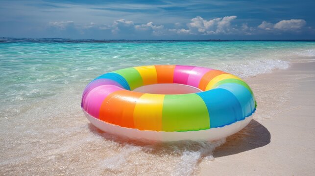 A vibrant float ring sits on soft sand by the ocean. The clear blue water laps gently against the shore under a sunny sky inviting relaxation and fun.