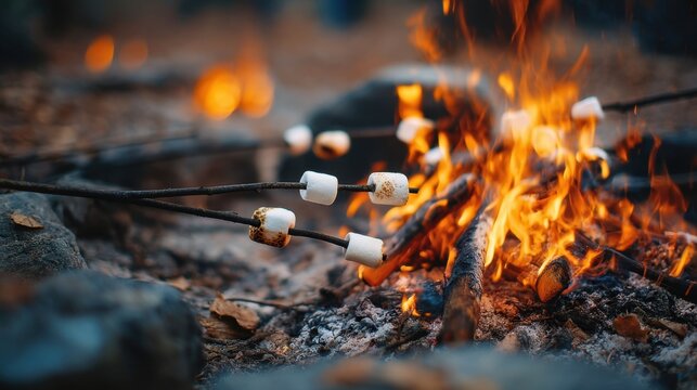 Families and friends gather by a crackling campfire in the woods roasting marshmallows on sticks while enjoying the warm glow and autumn atmosphere.