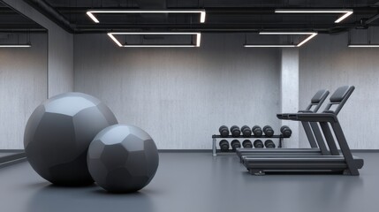 Modern gym interior with fitness equipment, weights, exercise balls, and sleek design in a minimalistic gray color scheme for health and wellness promotion