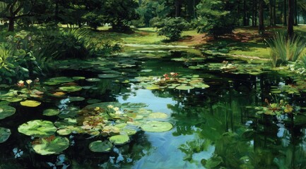 Naklejka premium Serene pond scene, lush greenery, lily pads